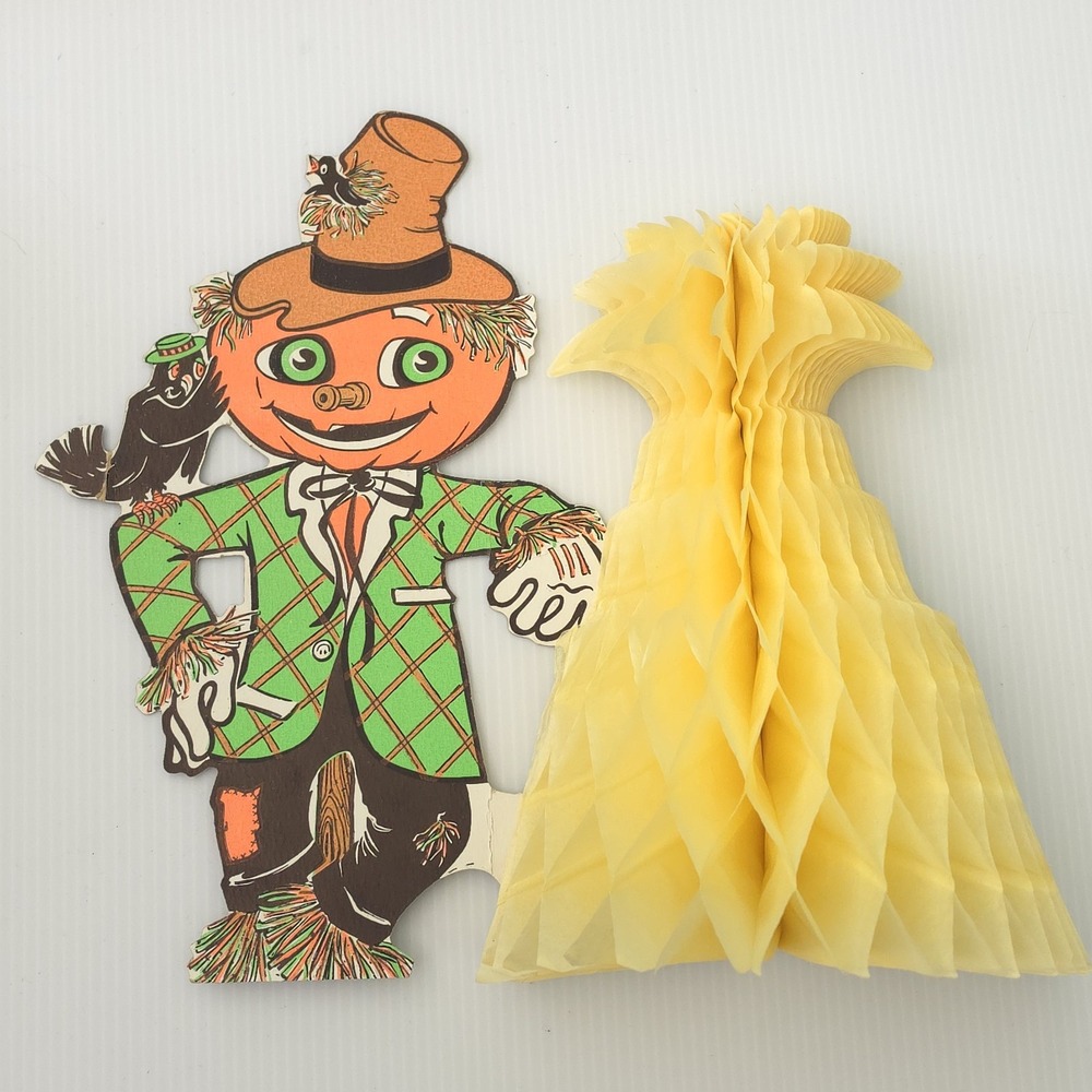 Vintage Beistle Scarecrow Pumpkin Cornshock Crow Centerpiece